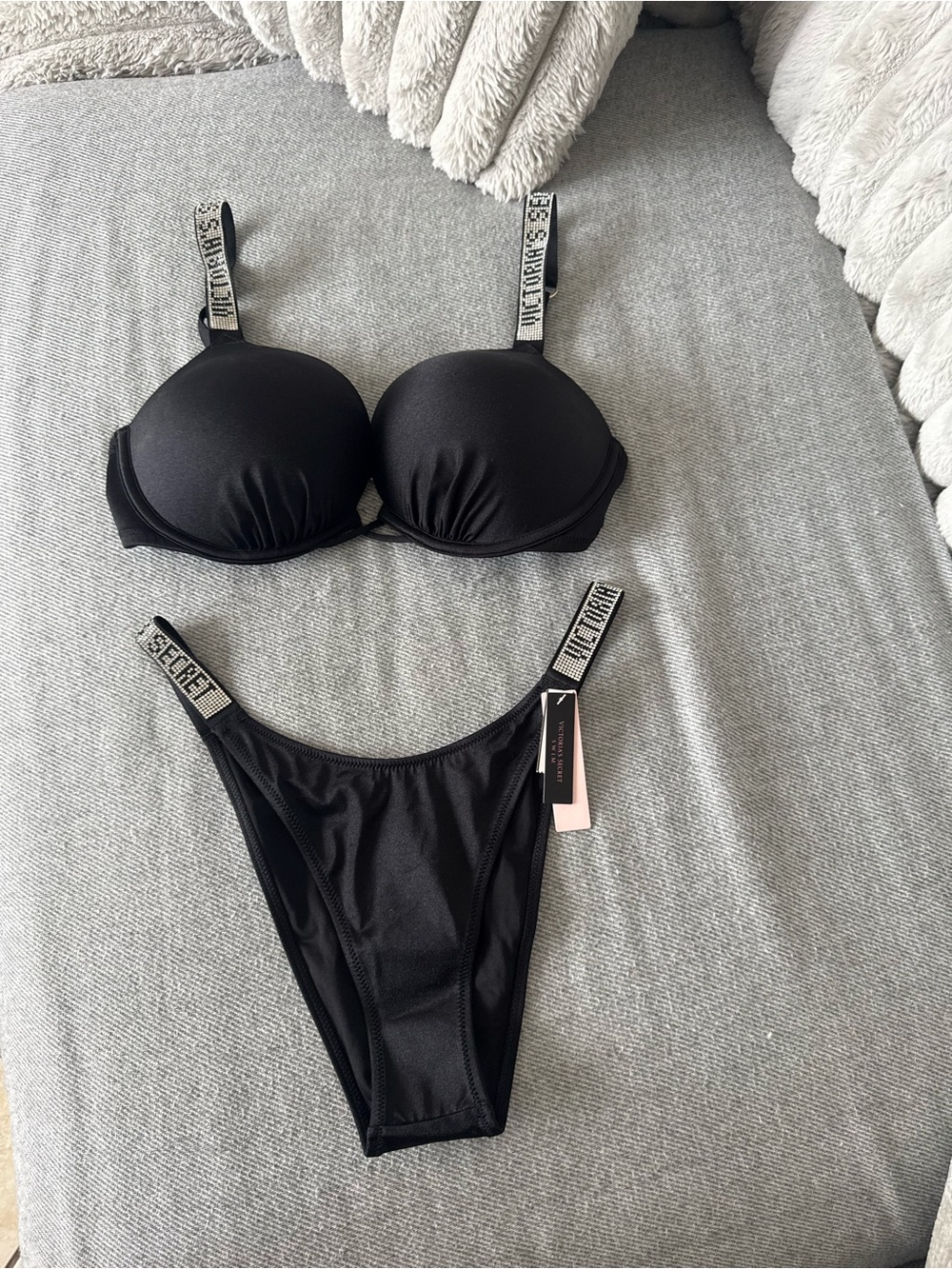 Victoria's Secret Black Rhinestone-Logo Bra Top & Bottoms